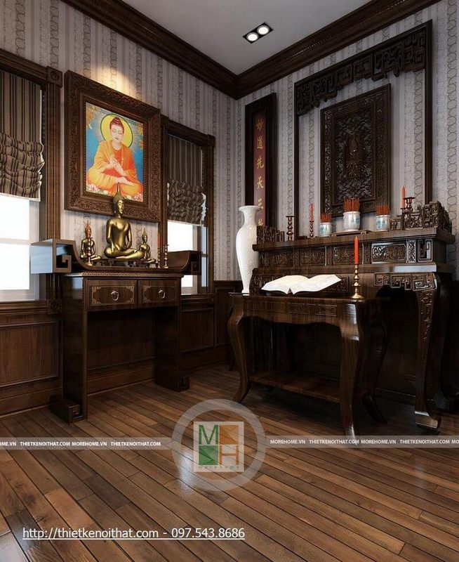 . Khu vực thờ cúng được trang bị nội thất gỗ tự nhiên tinh tế, thể hiện sự kính trọng đối với Thượng Đế.