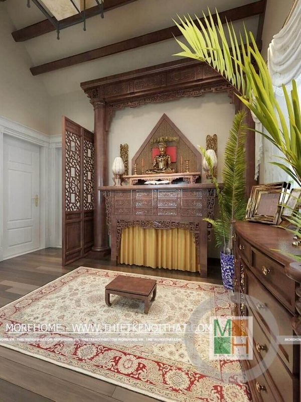 Mẫu bàn thờ gỗ tự nhiên, được chạm khắc họa tiết tỉ mỉ và mộc mạc, tạo nên không gian yên tĩnh trong chốn linh thiêng.